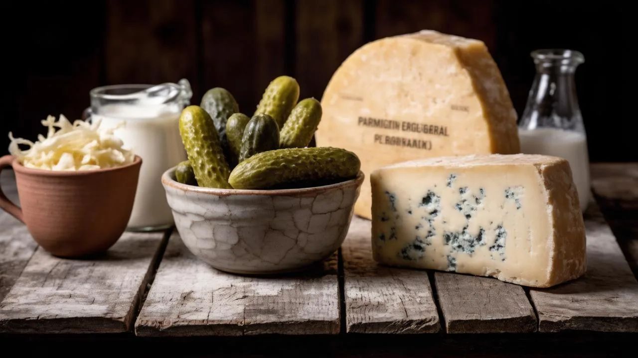 Ферментированные продукты: квашеная капуста, сыр и огурцы