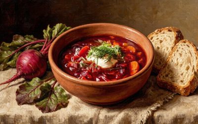 Исторический натюрморт с борщом, традиционными овощами и хлебом