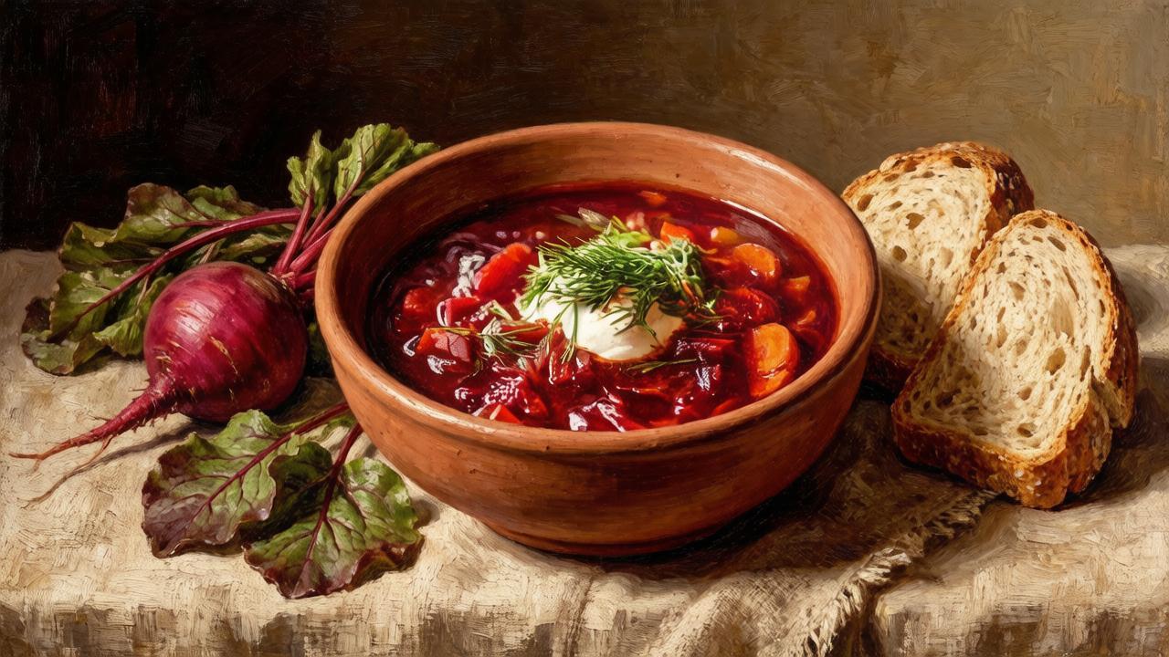 Исторический натюрморт с борщом, традиционными овощами и хлебом