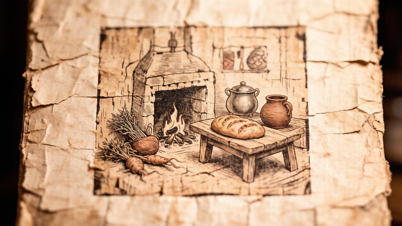 Древнерусский стол с хлебом и кашей
